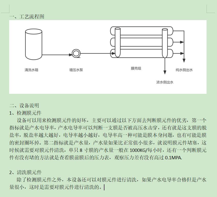 齐干却勒街道ro洗膜机工艺流程图及工艺说明